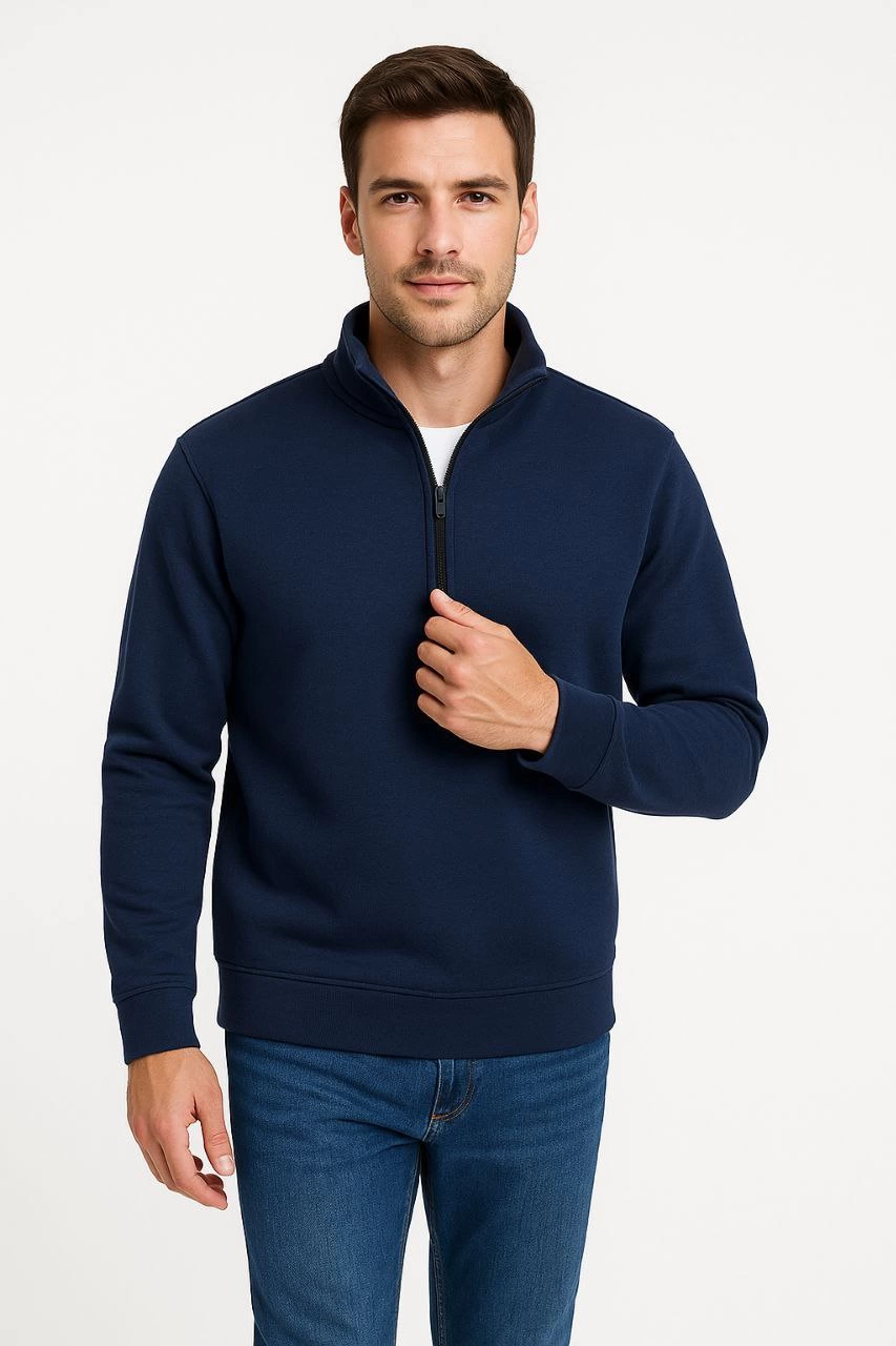 ASSEMA Erkek Dik Yaka Sweatshirt Dik Yaka Yarım Fermuarlı 3 İplik Şardonlu Pamuk Kumaş - Lacivert