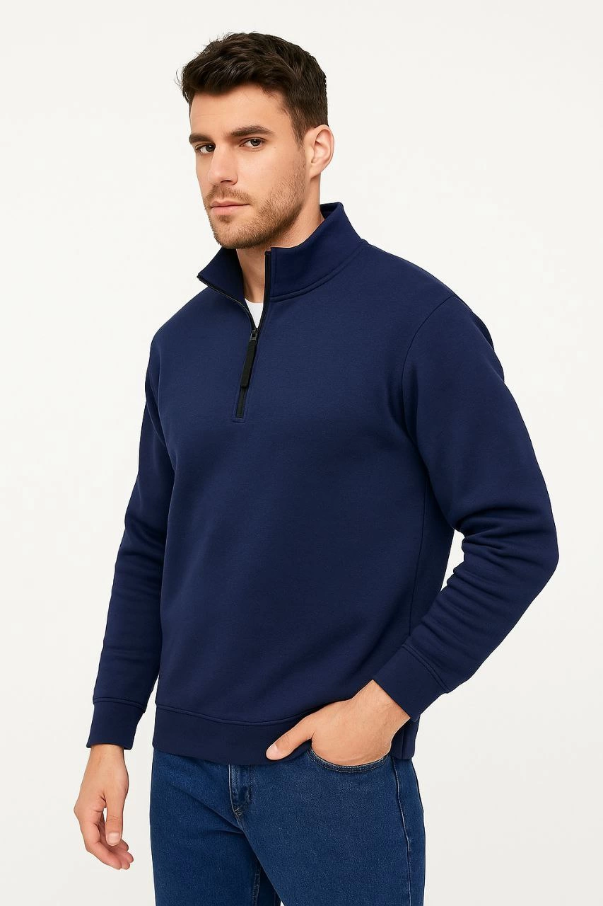 ASSEMA Erkek Dik Yaka Sweatshirt Dik Yaka Yarım Fermuarlı 3 İplik Şardonlu Pamuk Kumaş - Lacivert