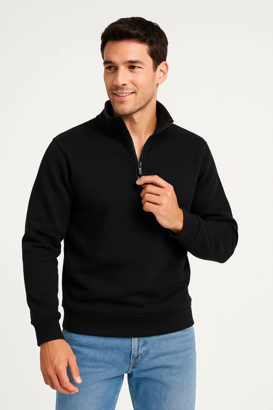 ASSEMA Erkek Dik Yaka Sweatshirt Dik Yaka Yarım Fermuarlı 3 İplik Şardonlu Pamuk Kumaş - Siyah