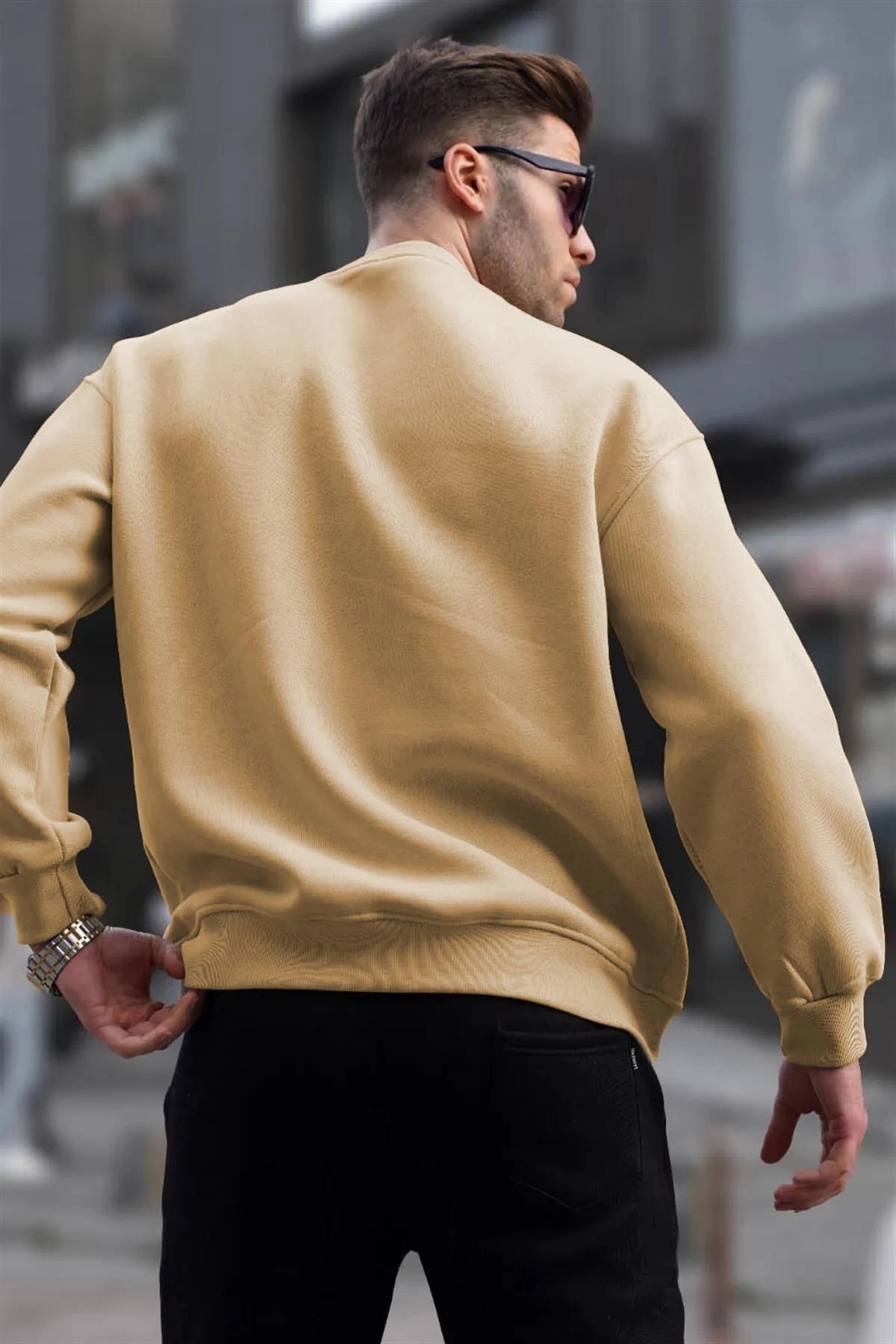 ASSEMA Erkek Düz Bisiklet Yaka  üç iplik pamuklu Sweat - Bej