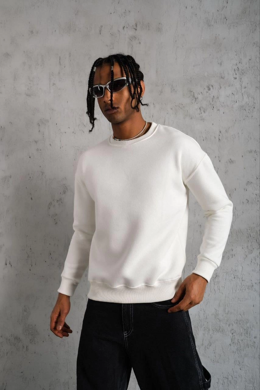 ASSEMA Erkek Düz Bisiklet Yaka üç iplik pamuklu Sweatshirt - Beyaz
