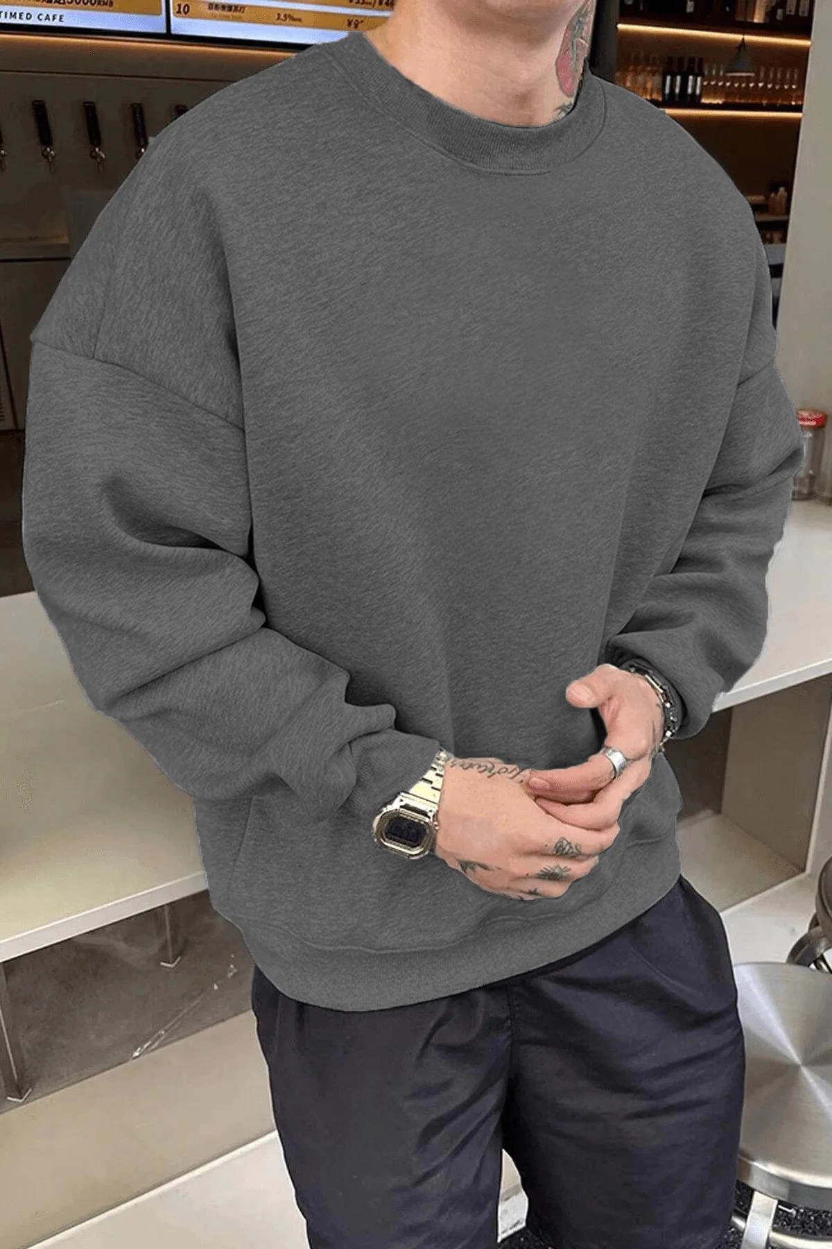 ASSEMA Erkek Düz Bisiklet Yaka  üç iplik pamuklu sweatshirt   - Füme