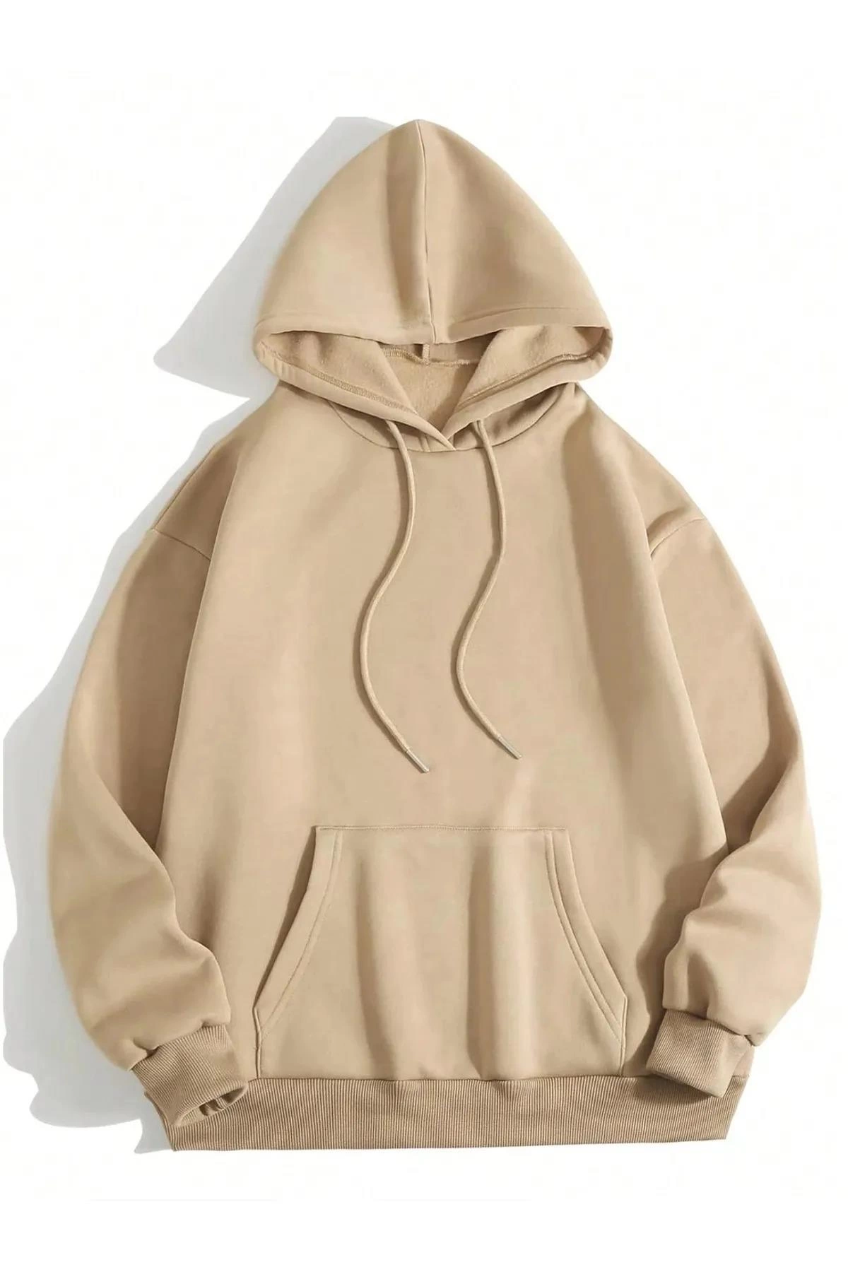 ASSEMA Erkek Düz Kapüşonlu üç iplik pamuklu sweatshirt   - Bej