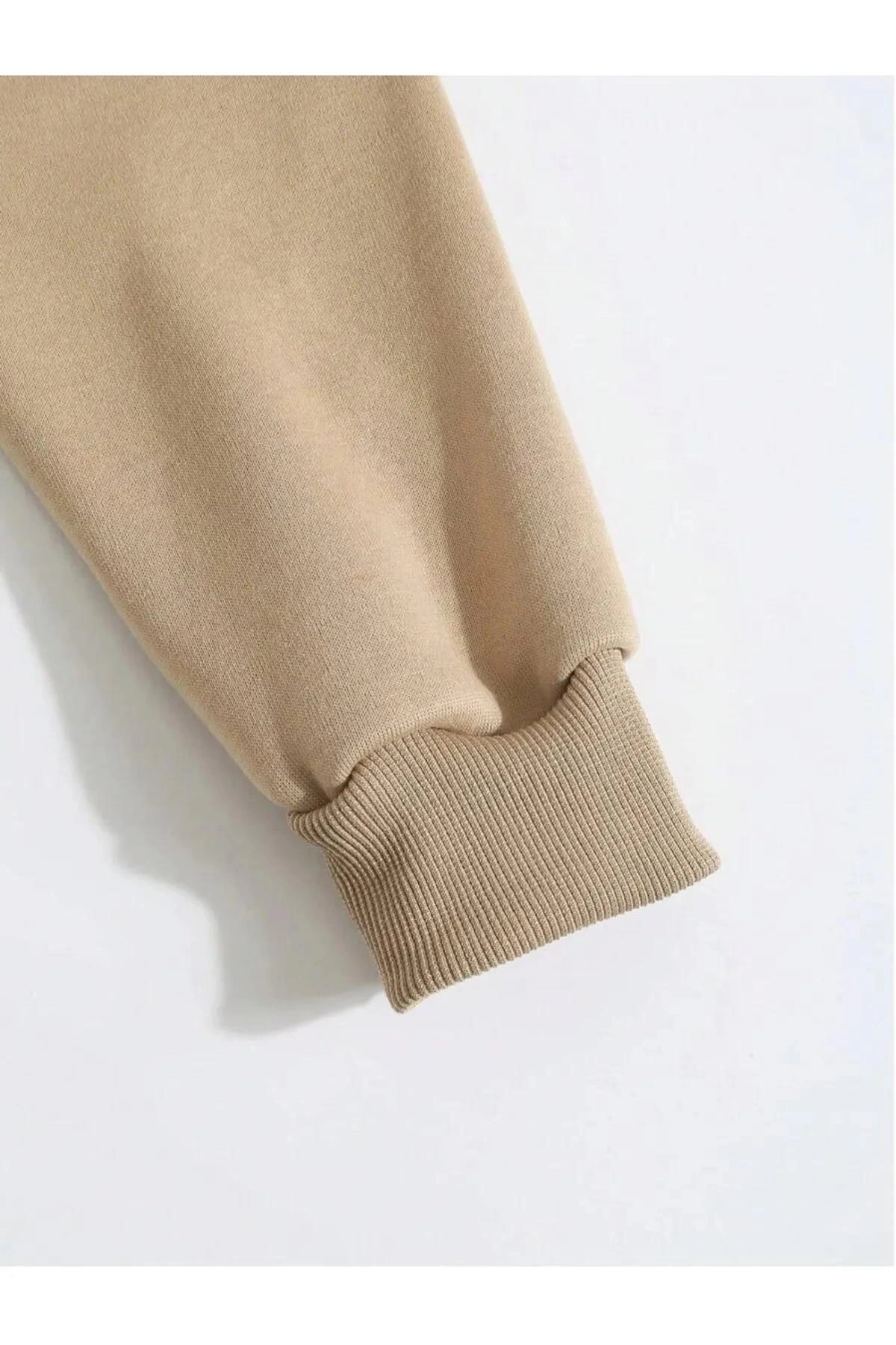 ASSEMA Erkek Düz Kapüşonlu üç iplik pamuklu sweatshirt   - Bej