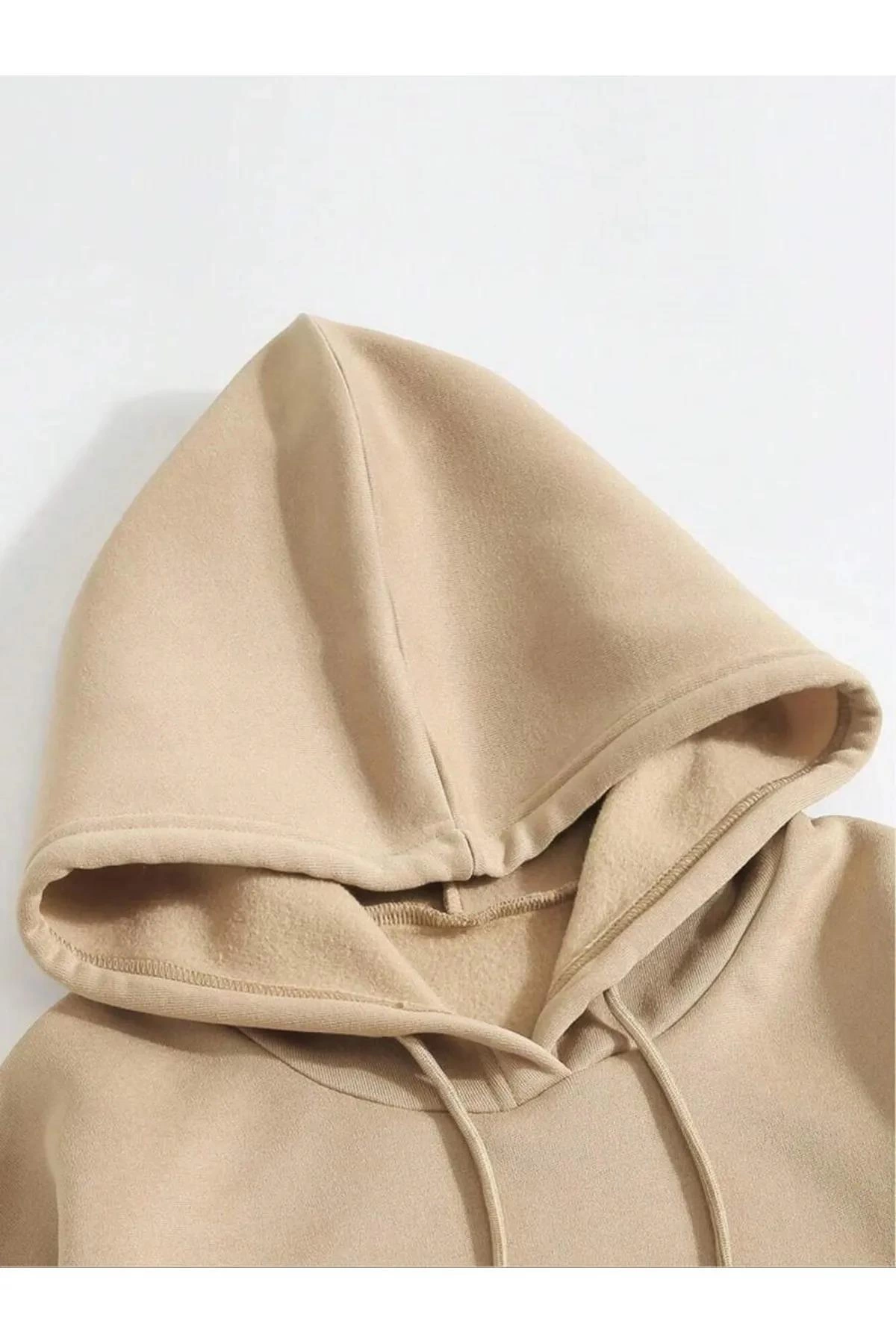 ASSEMA Erkek Düz Kapüşonlu üç iplik pamuklu sweatshirt   - Bej