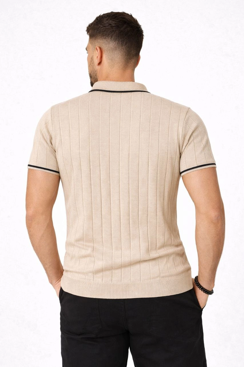 ASSEMA Erkek Fermuarlı Yaka Fitilli Triko Kısa Kollu Regular Fit Tişört T-shirt - Bej