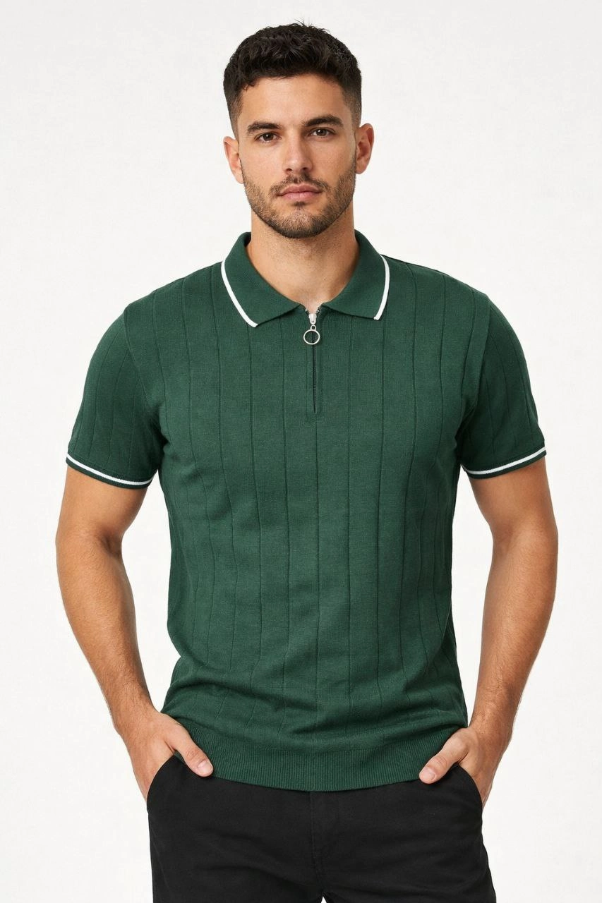 ASSEMA Erkek Fermuarlı Yaka Fitilli Triko Kısa Kollu Regular Fit Tişört T-shirt - Yeşil