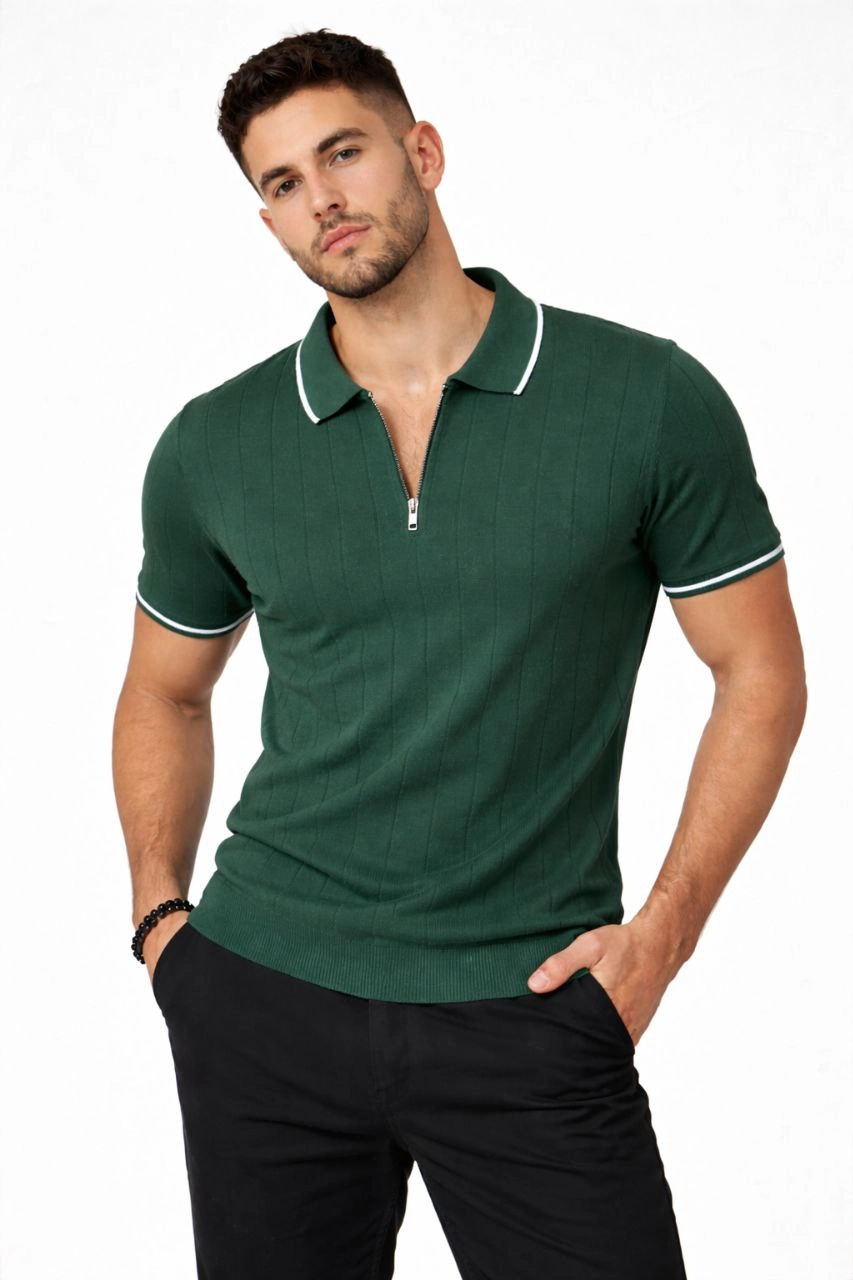 ASSEMA Erkek Fermuarlı Yaka Fitilli Triko Kısa Kollu Regular Fit Tişört T-shirt - Yeşil