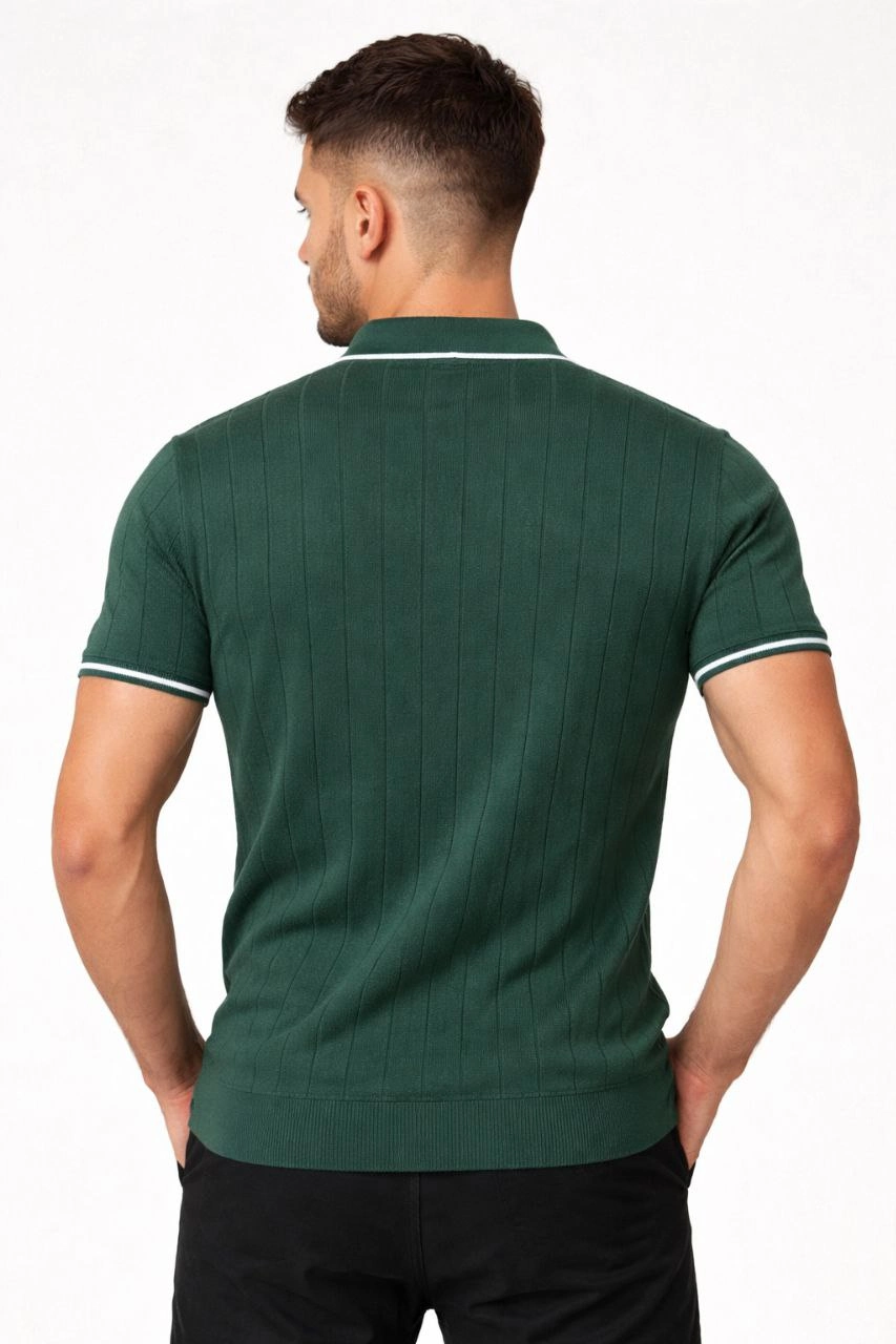 ASSEMA Erkek Fermuarlı Yaka Fitilli Triko Kısa Kollu Regular Fit Tişört T-shirt - Yeşil