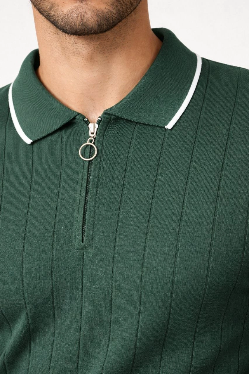 ASSEMA Erkek Fermuarlı Yaka Fitilli Triko Kısa Kollu Regular Fit Tişört T-shirt - Yeşil