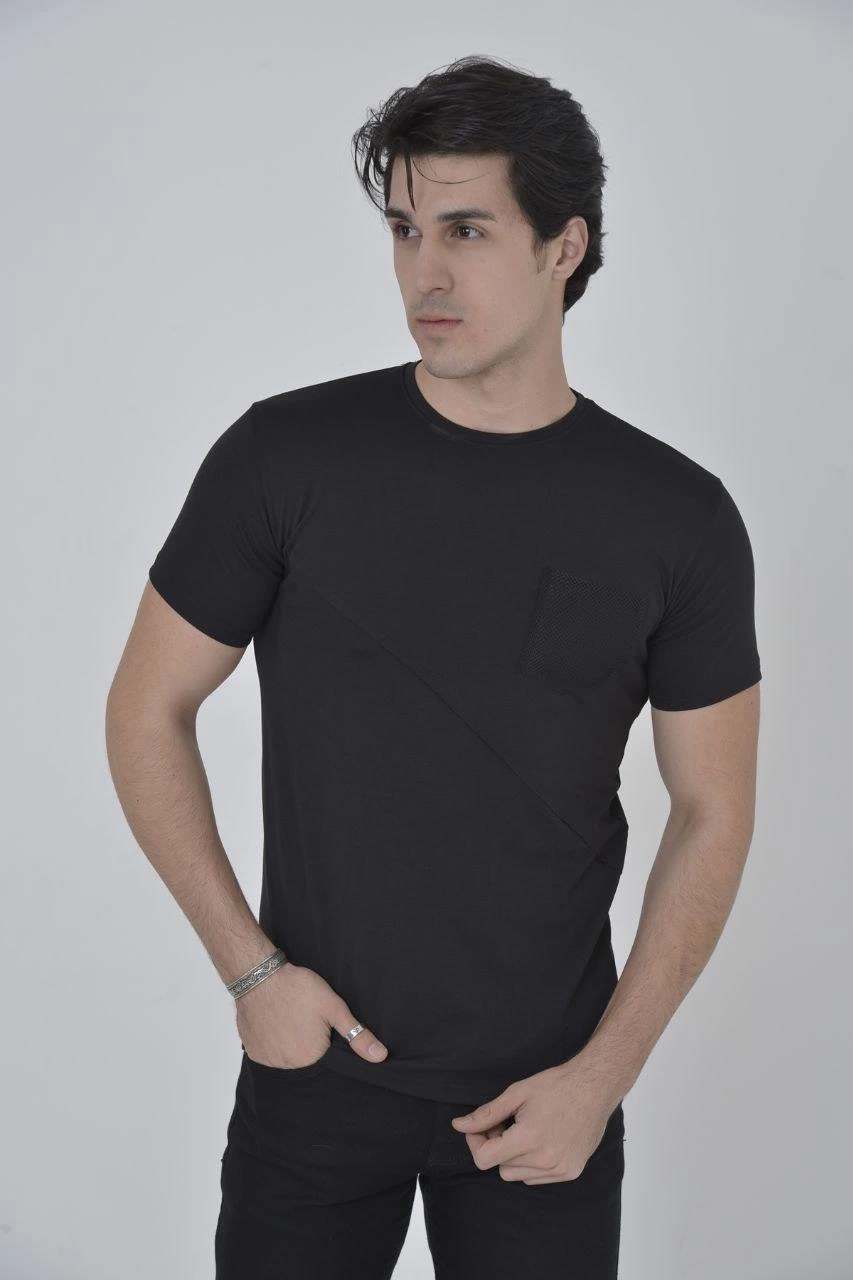 ASSEMA Erkek File Çepli  T-Shirt Kısa Kol Bisiklet Yaka Slimfit Tişört - Siyah