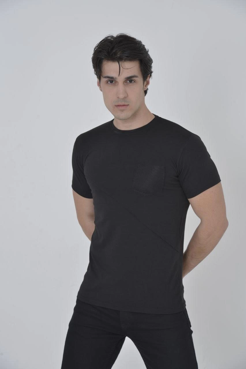 ASSEMA Erkek File Çepli  T-Shirt Kısa Kol Bisiklet Yaka Slimfit Tişört - Siyah