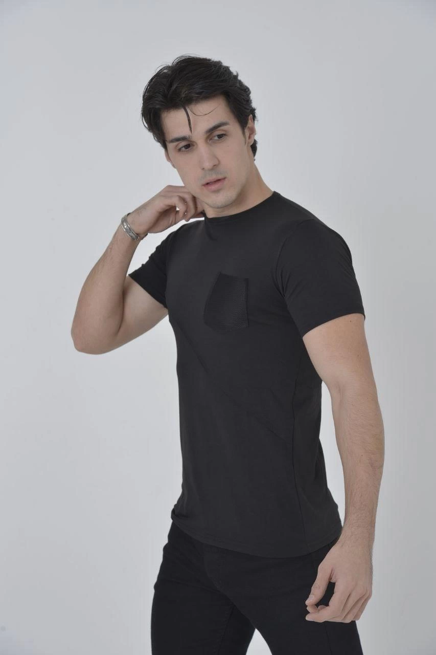 ASSEMA Erkek File Çepli  T-Shirt Kısa Kol Bisiklet Yaka Slimfit Tişört - Siyah