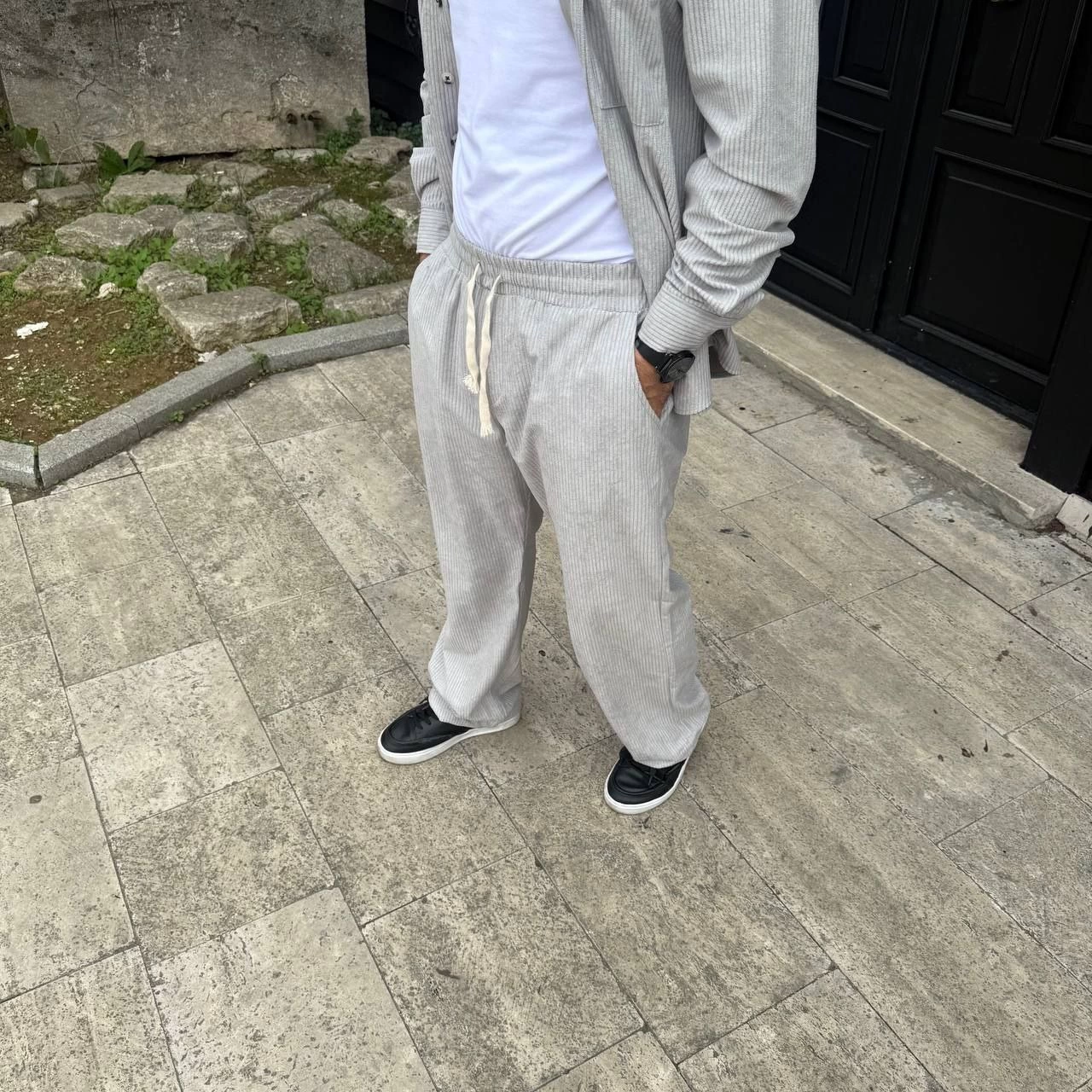ASSEMA Erkek Fitilli Kadife Cepli Buggy Pantolon Oversize Rahat Kalıp - Gri