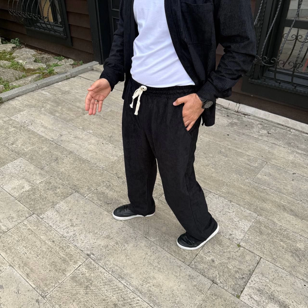 ASSEMA Erkek Fitilli Kadife Cepli Buggy Pantolon Oversize Rahat Kalıp - Siyah