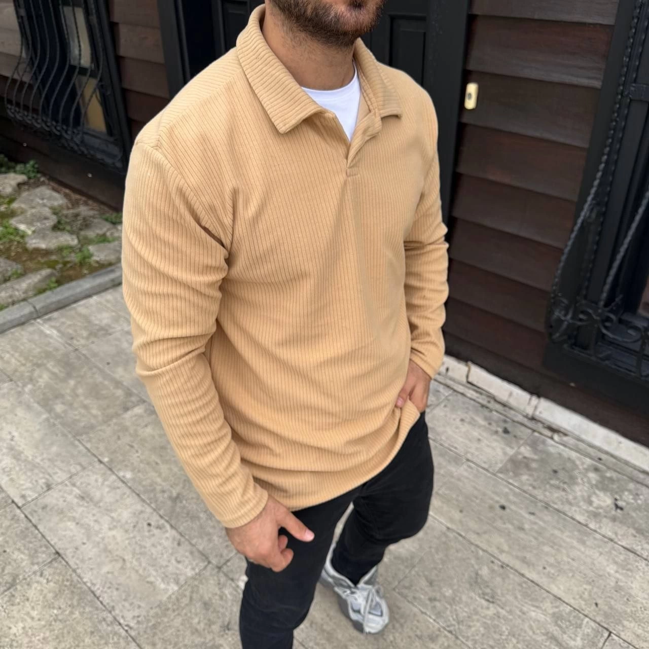 ASSEMA Erkek Fitilli Polar Sweatshirt Düğmesiz Polo Yaka Oversize Kalıp Kalın Polar ve - Bej