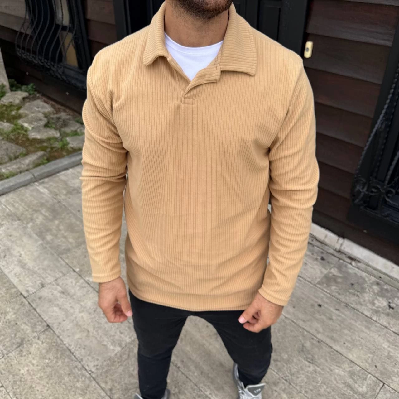ASSEMA Erkek Fitilli Polar Sweatshirt Düğmesiz Polo Yaka Oversize Kalıp Kalın Polar ve - Bej