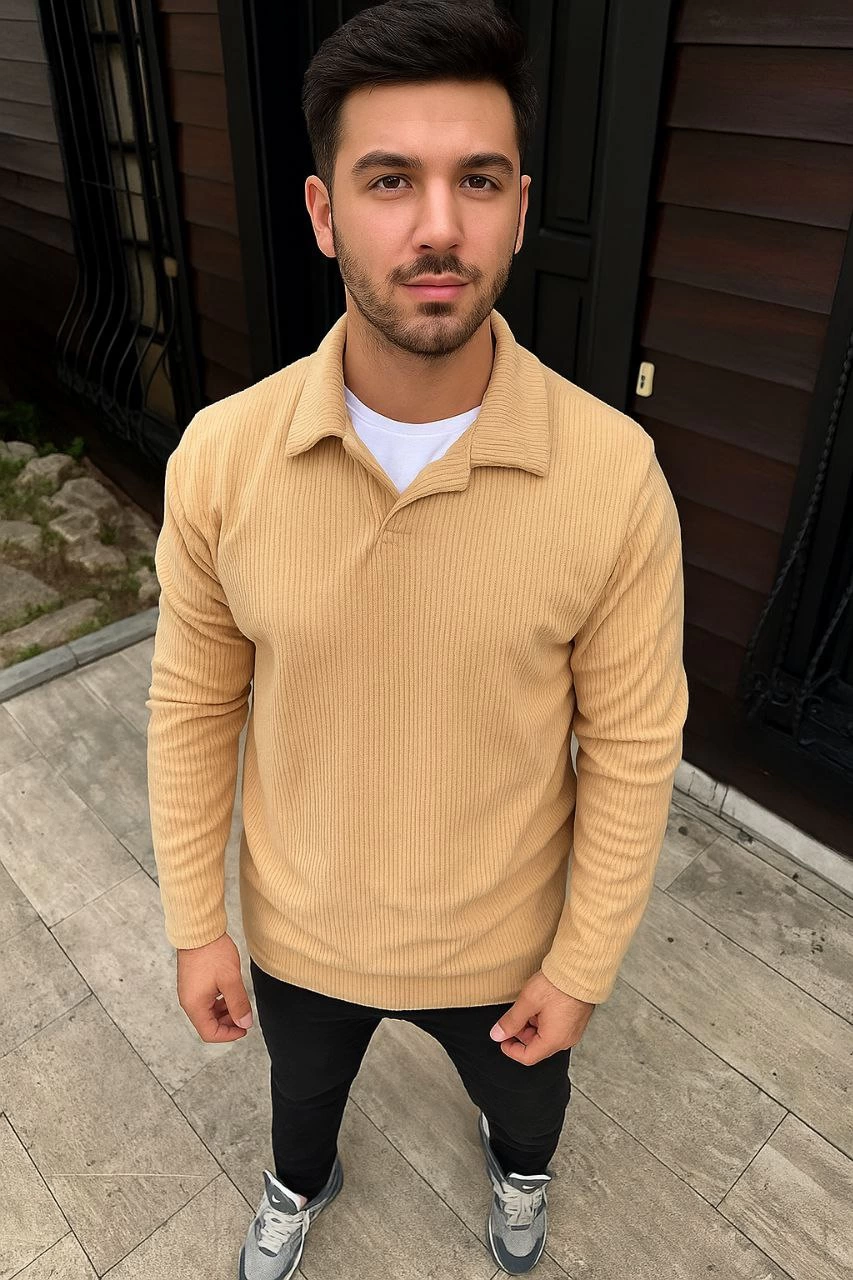 ASSEMA Erkek Fitilli Polar Sweatshirt Düğmesiz Polo Yaka Oversize Kalıp Kalın Polar ve - Bej