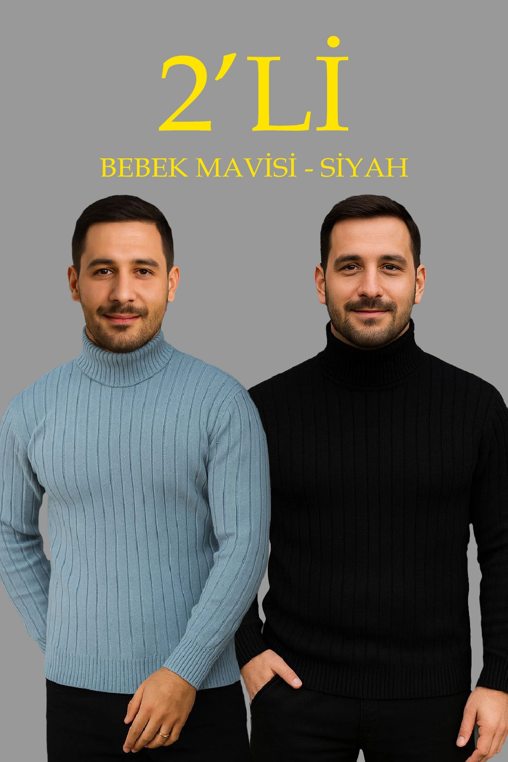 ASSEMA Erkek Fitilli Triko Kazak 2'li Set Bebek Mavisi Siyah Regular Balıkcı Yaka Tam Boğazlı Triko Seti Modeli Kazak