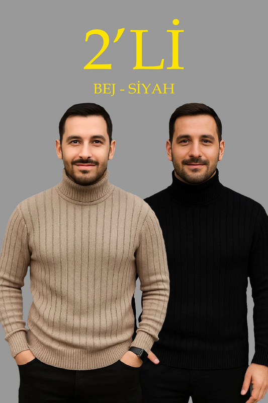 ASSEMA Erkek Fitilli Triko Kazak 2'li Set Bej Siyah Regular Balıkcı Yaka Tam Boğazlı Triko Seti