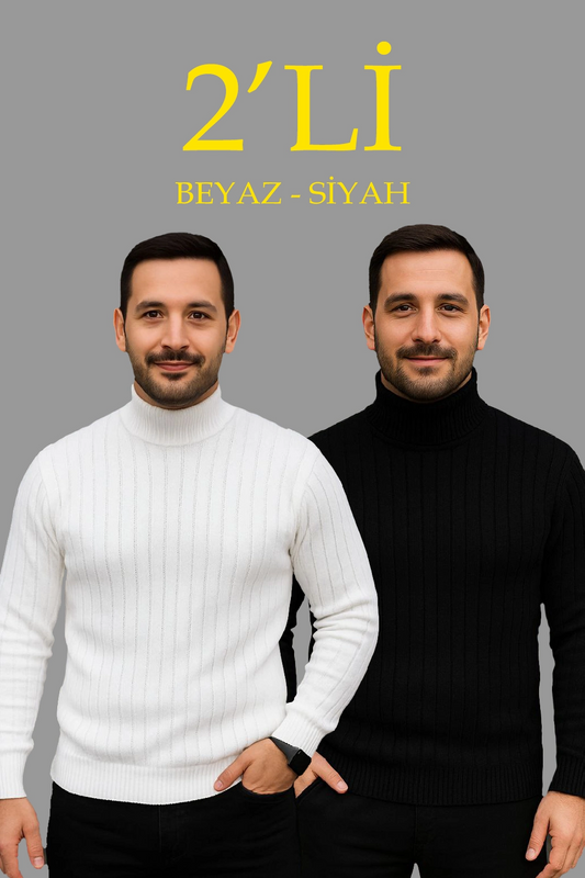 ASSEMA Erkek Fitilli Triko Kazak 2'li Set Beyaz Siyah Regular Balıkcı Yaka Tam Boğazlı Triko Seti Modeli Kazak