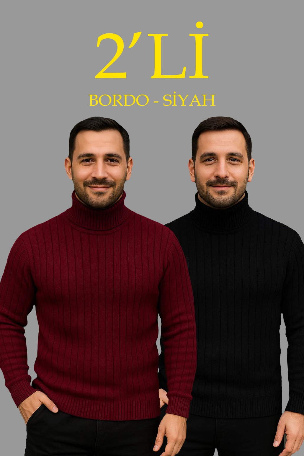 ASSEMA Erkek Fitilli Triko Kazak 2'li Set Bordo Siyah Balıkcı Yaka Tam Boğazlı Triko Seti