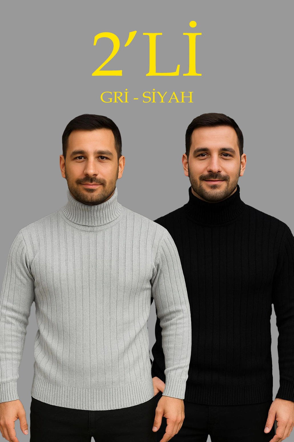 ASSEMA Erkek Fitilli Triko Kazak 2'li Set Gri Siyah Balıkcı Yaka Tam Boğazlı Triko Seti