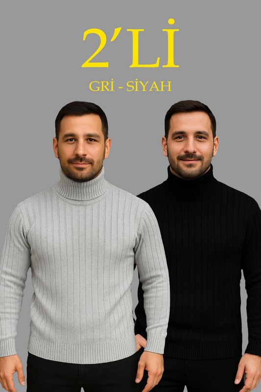 ASSEMA Erkek Fitilli Triko Kazak 2'li Set Gri Siyah Balıkcı Yaka Tam Boğazlı Triko Seti