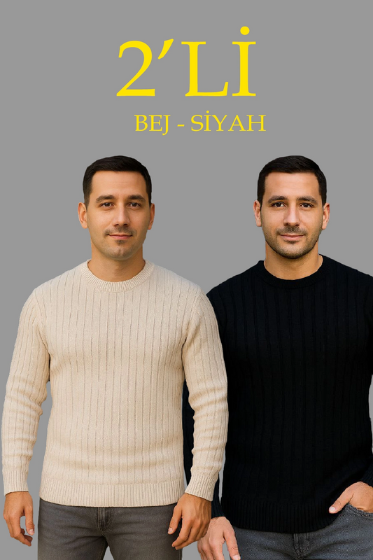 ASSEMA Erkek Fitilli Triko Kazak 2 li Set - Bej & Beyaz, Kalın Dokuma Pamuklu Regular Fit Bisiklet Yaka Uzun Kollu Rahat Kışlık Kazak Kombini