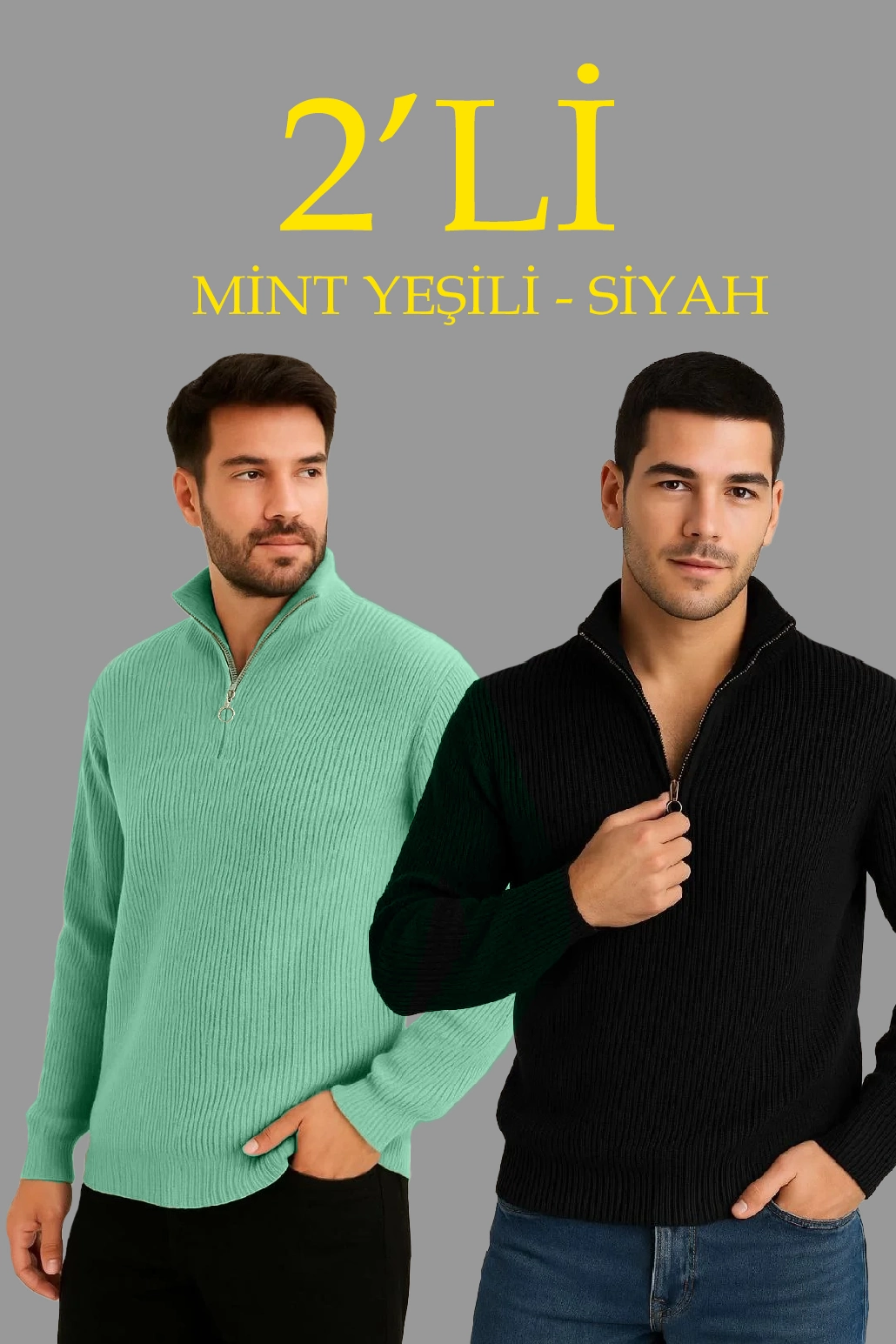 ASSEMA Erkek Fitilli Triko Kazak 2’li Set – Mint Yeşili & Siyah, Kalın Dokuma Pamuklu Regular Fit V Yaka Fermuarlı Uzun Kollu Rahat Kışlık Kazak Kombini