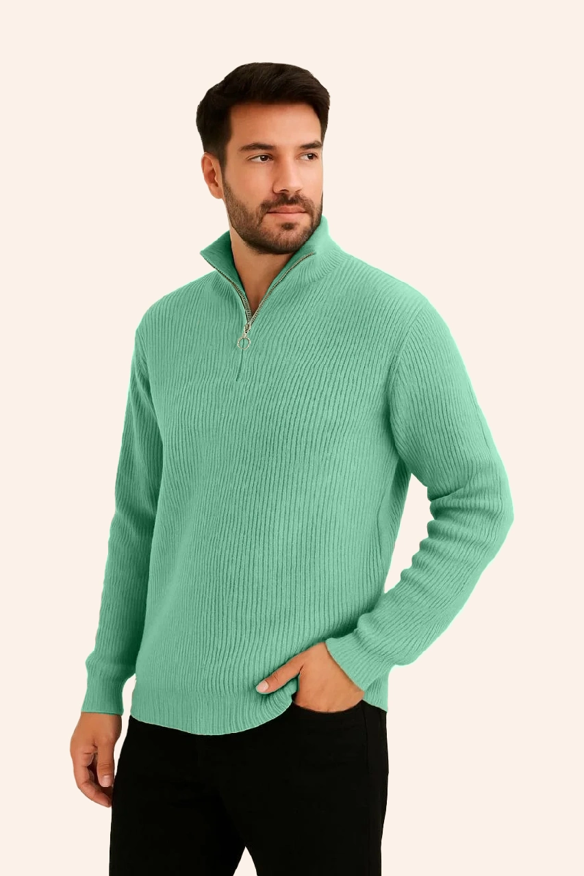 ASSEMA Erkek Fitilli Triko Kazak 2’li Set – Mint Yeşili & Siyah, Kalın Dokuma Pamuklu Regular Fit V Yaka Fermuarlı Uzun Kollu Rahat Kışlık Kazak Kombini