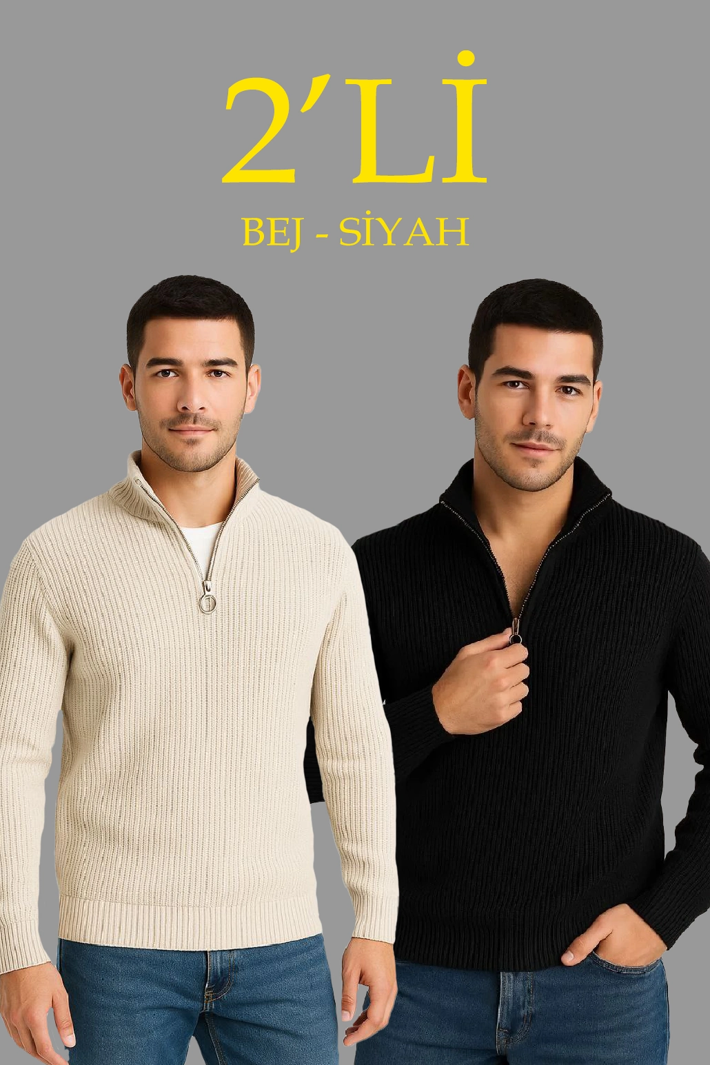 ASSEMA Erkek Fitilli Triko Kazak 2’li Set Siyah Bej Kalın Dokuma Pamuklu Regular Fit V Yaka