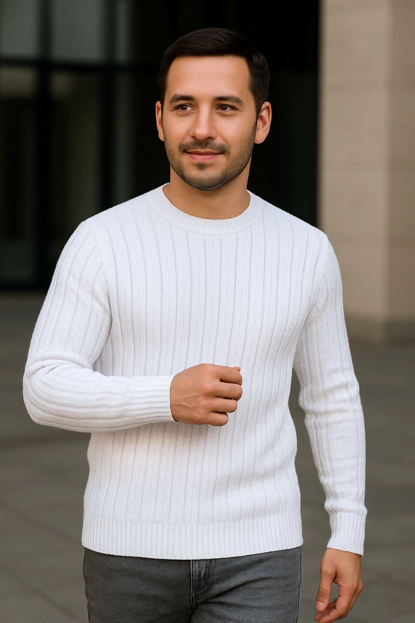 ASSEMA Erkek Fitilli Triko Kazak 2 li Set Siyah Beyaz Kalın Dokuma Pamuklu Regular Fit Bisiklet