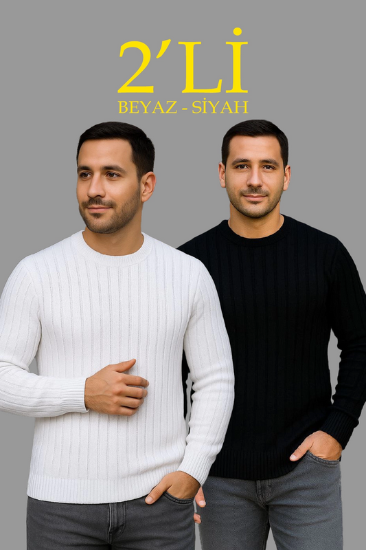 ASSEMA Erkek Fitilli Triko Kazak 2 li Set Siyah Beyaz Kalın Dokuma Pamuklu Regular Fit Bisiklet