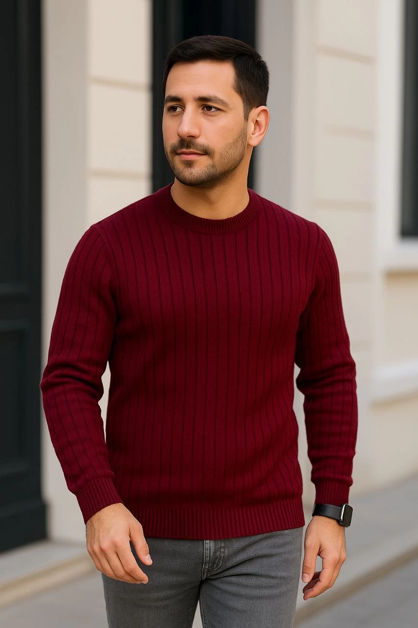 ASSEMA Erkek Fitilli Triko Kazak 2 li Set - Siyah & Bordo, Kalın Dokuma Pamuklu Regular Fit Bisiklet Yaka Uzun Kollu Rahat Kışlık Kazak Kombini