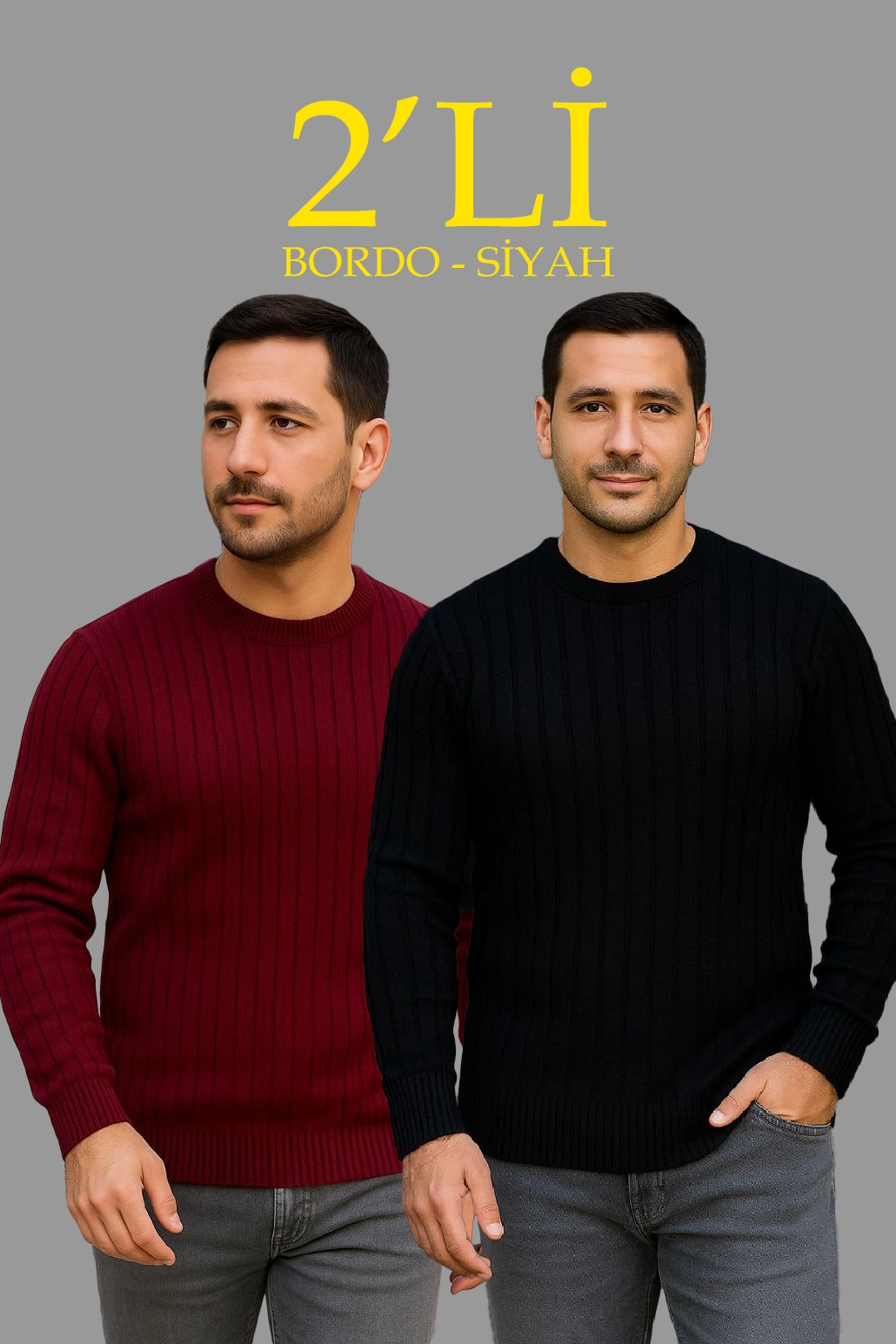 ASSEMA Erkek Fitilli Triko Kazak 2 li Set - Siyah & Bordo, Kalın Dokuma Pamuklu Regular Fit Bisiklet Yaka Uzun Kollu Rahat Kışlık Kazak Kombini