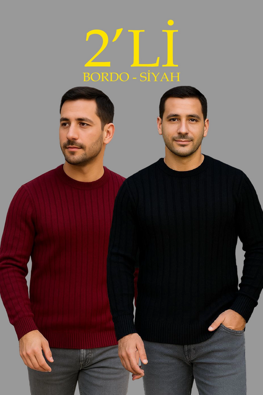 ASSEMA Erkek Fitilli Triko Kazak 2 li Set - Siyah & Bordo, Kalın Dokuma Pamuklu Regular Fit Bisiklet Yaka Uzun Kollu Rahat Kışlık Kazak Kombini