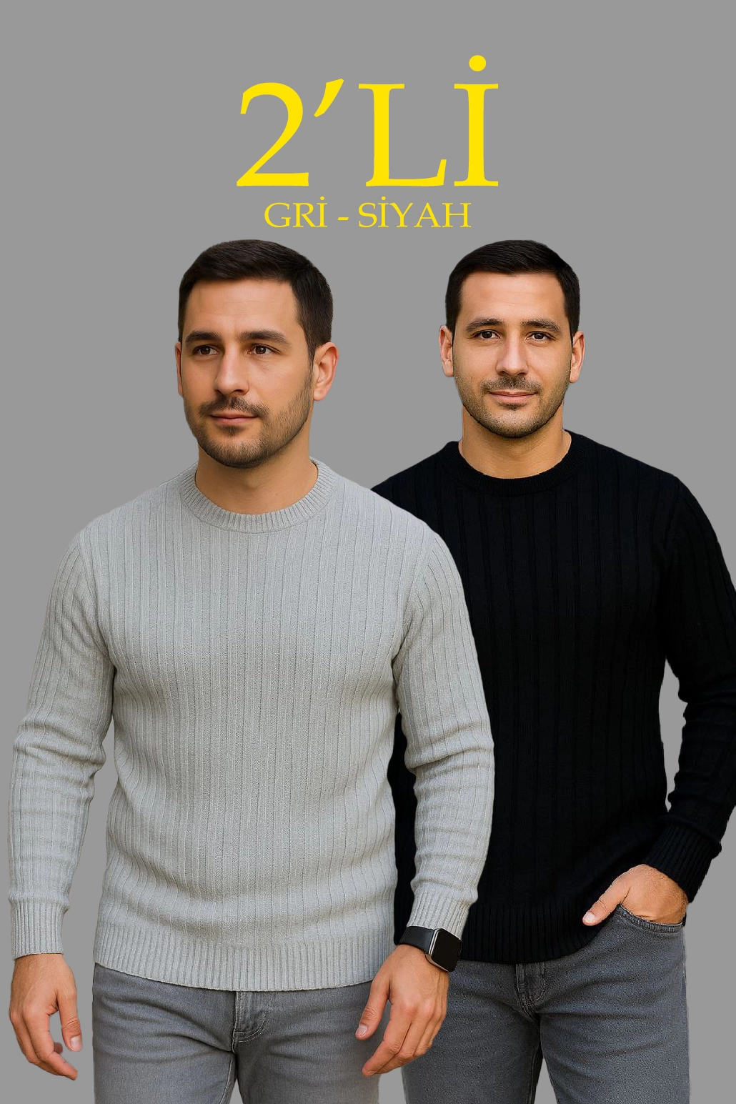 ASSEMA Erkek Fitilli Triko Kazak 2 li Set Siyah Gri Kalın Dokuma Pamuklu Regular Fit Bisiklet