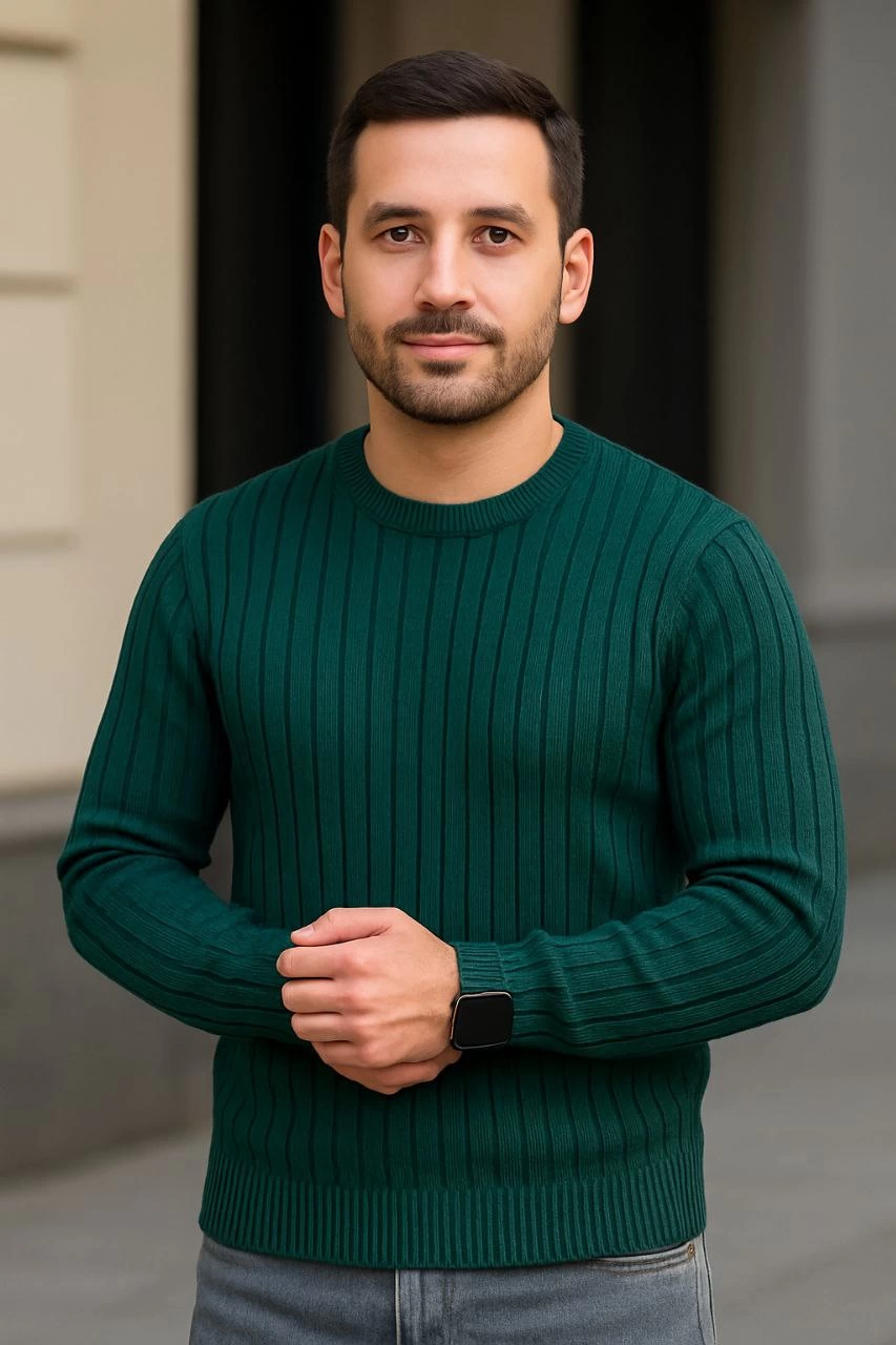 Erkek Fitilli Triko Kazak 2 li Set Siyah Haki Kalın Dokuma Pamuklu Regular Fit Bisiklet