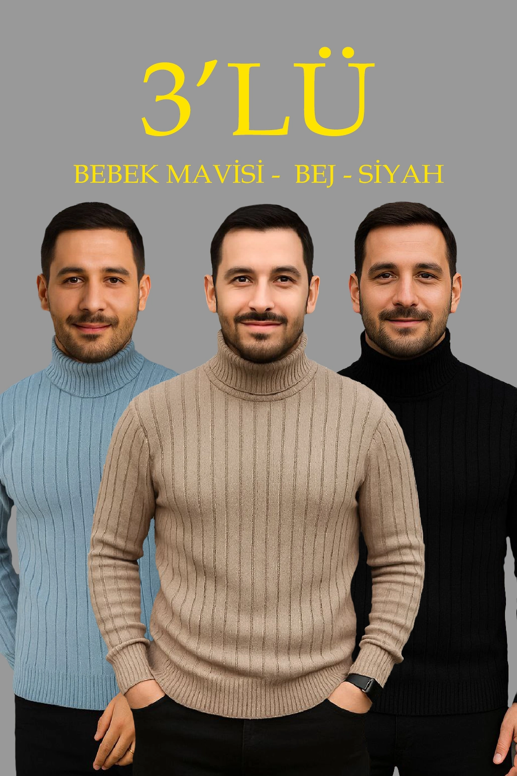 ASSEMA Erkek Fitilli Triko Kazak 3'lÜ Set Bebek Mavisi Bej Siyah Regular Balıkcı Yaka Tam Boğazlı Triko Seti Modeli Kazak