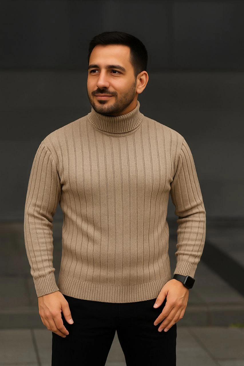 ASSEMA Erkek Fitilli Triko Kazak 3'lÜ Set Bebek Mavisi Bej Siyah Regular Balıkcı Yaka Tam Boğazlı Triko Seti Modeli Kazak