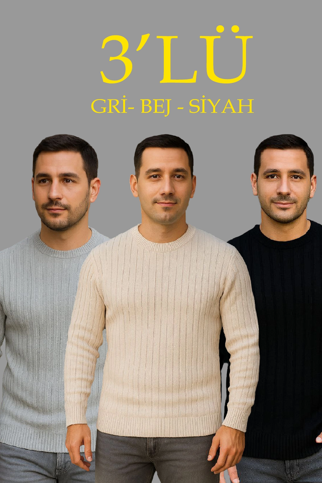 ASSEMA Erkek Fitilli Triko Kazak 3'lü Set Bej Gri Siyah Regular Fit Bisiklet Yaka Triko Seti Kazak Modeli