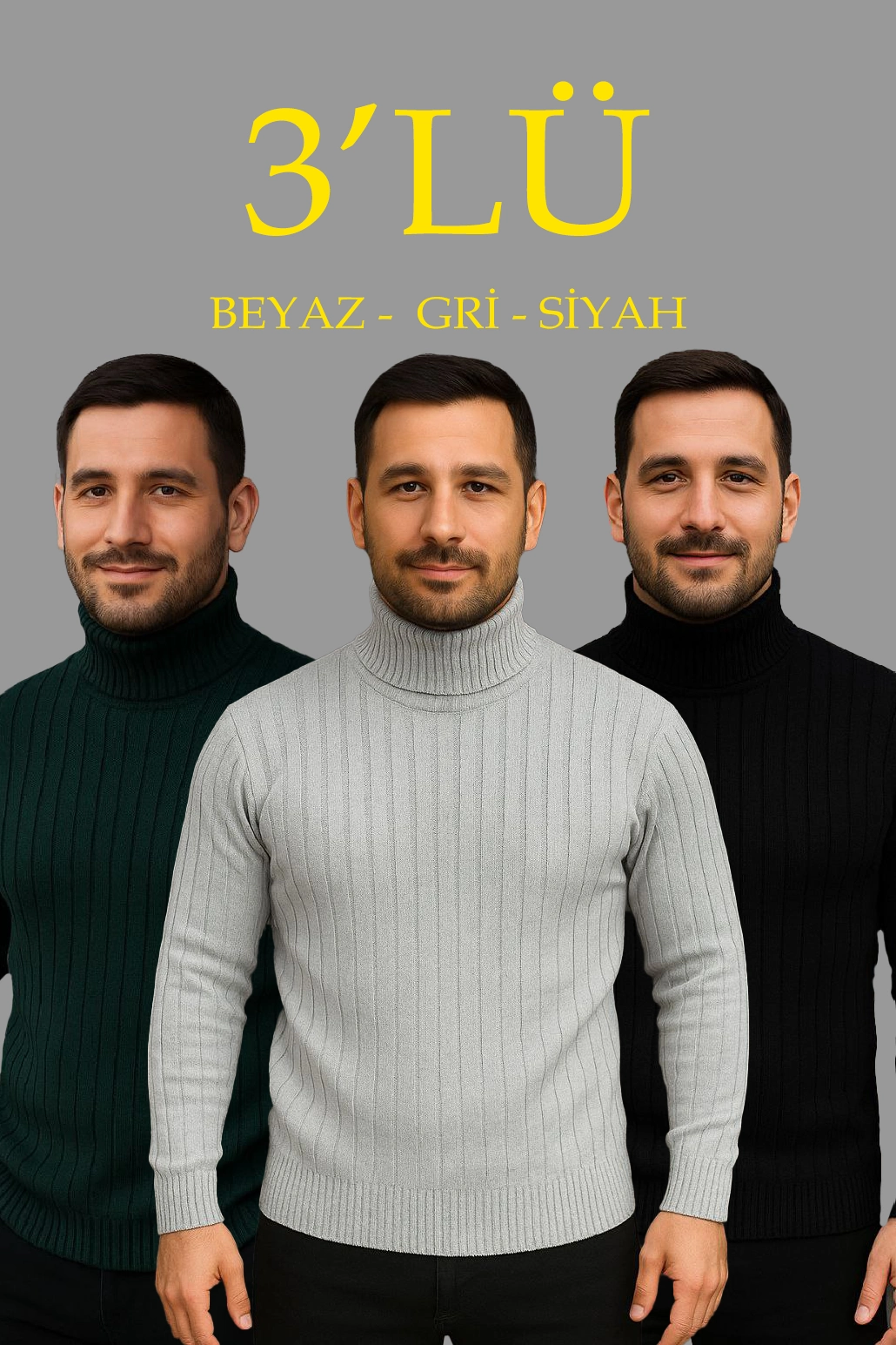ASSEMA Erkek Fitilli Triko Kazak 3'lÜ Set Gri Haki Siyah Regular Balıkcı Yaka Tam Boğazlı Triko