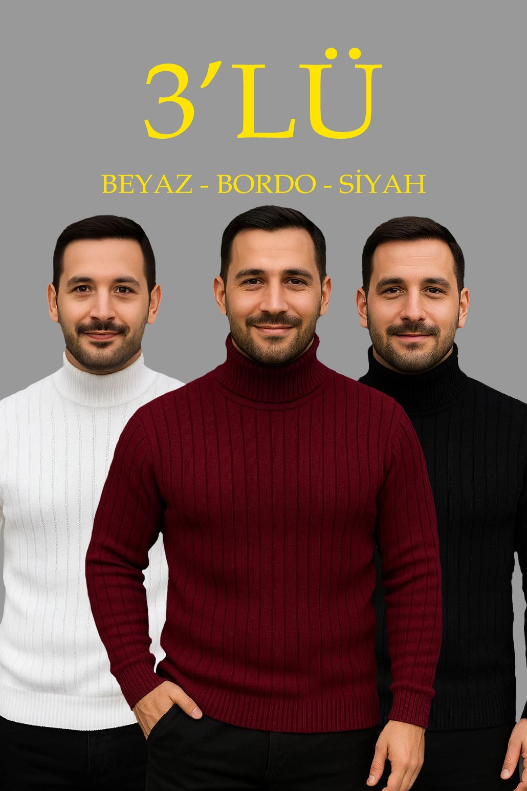 ASSEMA Erkek Fitilli Triko Kazak 3'lÜ Set Beyaz Bordo Siyah Regular Balıkcı Yaka Tam Boğazlı Triko Seti Modeli Kazak