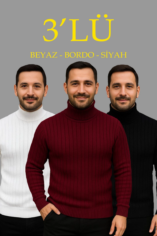 ASSEMA Erkek Fitilli Triko Kazak 3'lÜ Set Beyaz Bordo Siyah Regular Balıkcı Yaka Tam Boğazlı Triko Seti Modeli Kazak