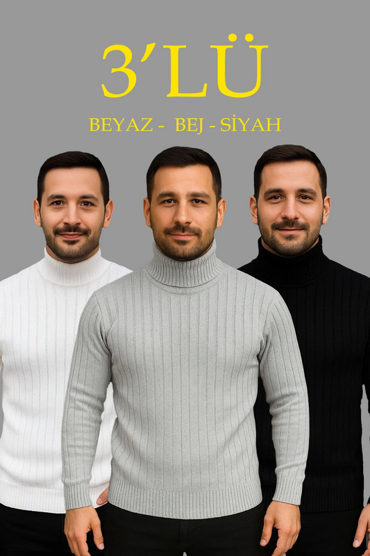 ASSEMA Erkek Fitilli Triko Kazak 3'lÜ Set Beyaz Gri Siyah Regular Balıkcı Yaka Tam Boğazlı Triko Seti Modeli Kazak