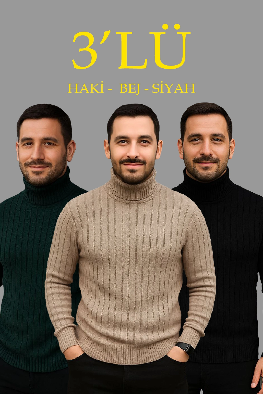 ASSEMA Erkek Fitilli Triko Kazak 3'lÜ Set Bej Haki Siyah Regular Balıkcı Yaka Tam Boğazlı Triko