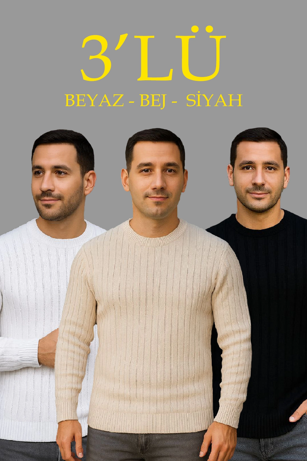 ASSEMA Erkek Fitilli Triko Kazak 3 lü Set - Bej, Beyaz, Siyah | Kalın Dokuma Pamuklu Regular Fit Bisiklet Yaka Uzun Kollu Kışlık ve Baharlık Rahat Triko Kombini
