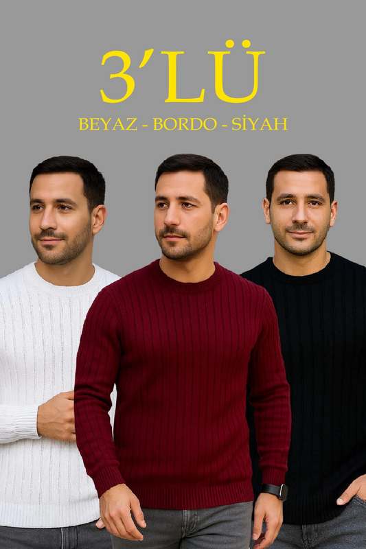 ASSEMA Erkek Fitilli Triko Kazak 3'lü Set Beyaz Bordo Siyah Regular Fit Bisiklet Yaka Triko Seti