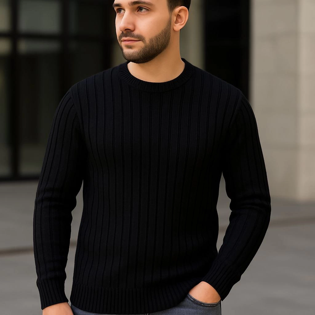 ASSEMA Erkek Fitilli Triko Kazak 3'lü Set Bej Gri Siyah Regular Fit Bisiklet Yaka Triko Seti Kazak Modeli